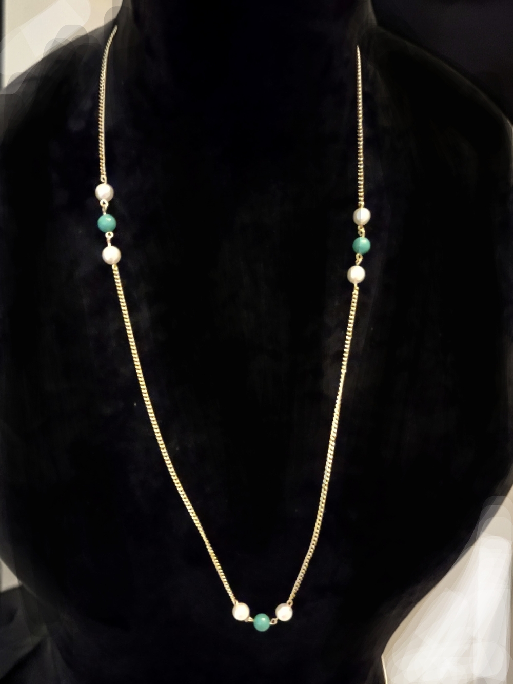 30" Gold Chain with Pearl & Green Stationed Beads Necklace - Picture 9 of 11